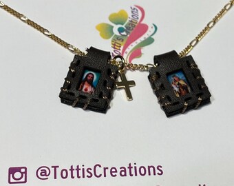Gold Plated Scapular Necklace: Religious Leather Amulet