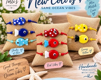 Murano Glass Fish Bracelet | Colorful Fish Charm Cord Bracelet | Handmade Beach Jewelry | Boho Summer Bracelet | Ocean Gift for Her