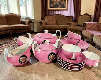Antique Phoenix China Pink Medallion Tea Set for Six Czechoslovakia