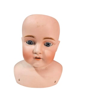 May include: A vintage doll head featuring a pale matte complexion with rosy cheeks, painted brown eyebrows, and fixed blue glass eyes. The doll has a small, closed mouth with orange-toned lips and two small holes at the base of the neck area.