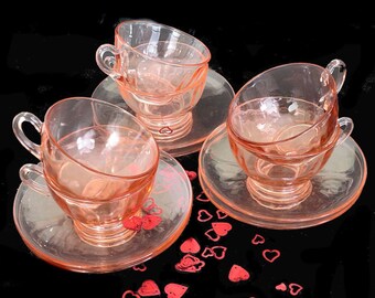 Six Cambridge Glass Pink Cups and Saucers