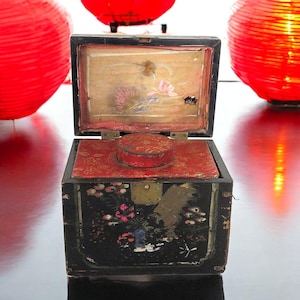 Antique Hand Painted Chinese Tea Caddy with Tin Container