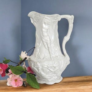 Antique Charles Meigh Relief Molded Salt Glazed Pitcher Sea Themed Mermaids Goddesses