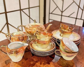 Antique Art Deco KMP Orange Lusterware Tea Set for Six Czechoslovakia