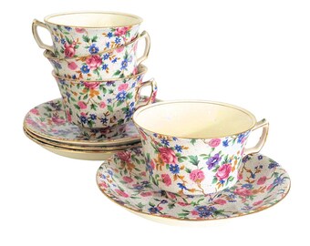 Four Royal Winton Grimwades Old Cottage Chintz Cups and Saucers