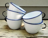 Five White Swedish Enamel Cups with Blue and Black