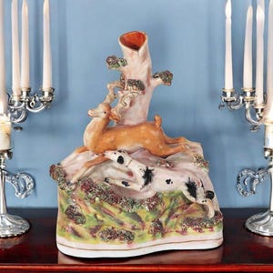 Antique Staffordshire Stag and Hound Spill Vase