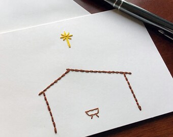 Christmas Manger Card - Embroidered Manger and Stable - Simple Nativity Card