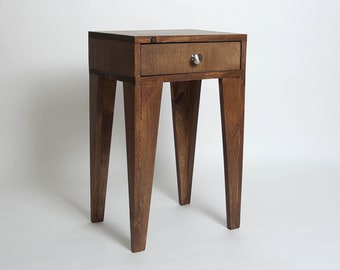 Angle leg nightstand with drawer and round metal knob made from reclaimed wood- Walnut