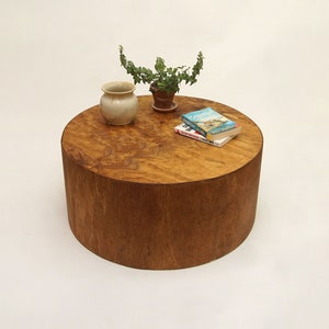 Low Circular Round Drum Coffee Table. Modern Round Low Coffee Table, Extra seating- Golden Oak