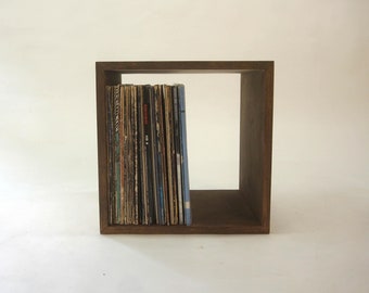 Vinyl Record Storage Cube: Solid Pine Record Holder - Walnut