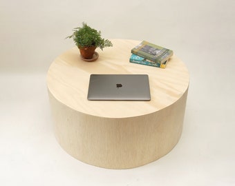 Round Drum Circular Coffee Table. Modern Round Low Coffee Table- Raw