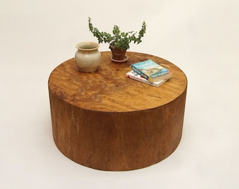 Low Circular Round Drum Coffee Table. Modern Round Low Coffee Table, Extra seating- Golden Oak