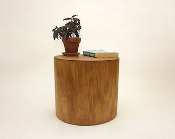 Round Drum Cylinder Side Table. Modern Round End Table- Golden Oak