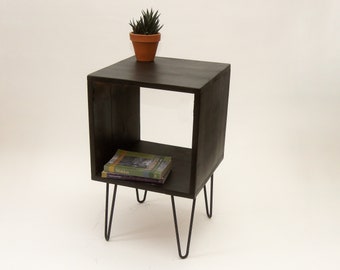 Simple Nightstand, Side table with Hairpin metal legs, Reclaimed Pine Wood - Black