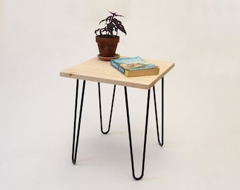 Square Top, Simple Side Table, Modern End table with Metal Black Hairpin Legs - Raw