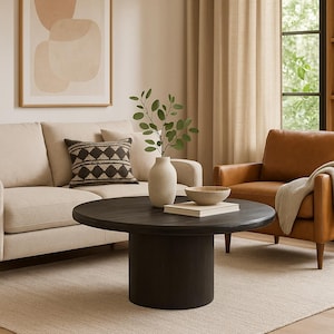 Solid Wood Round Coffee Table: Modern Black Pedestal Design