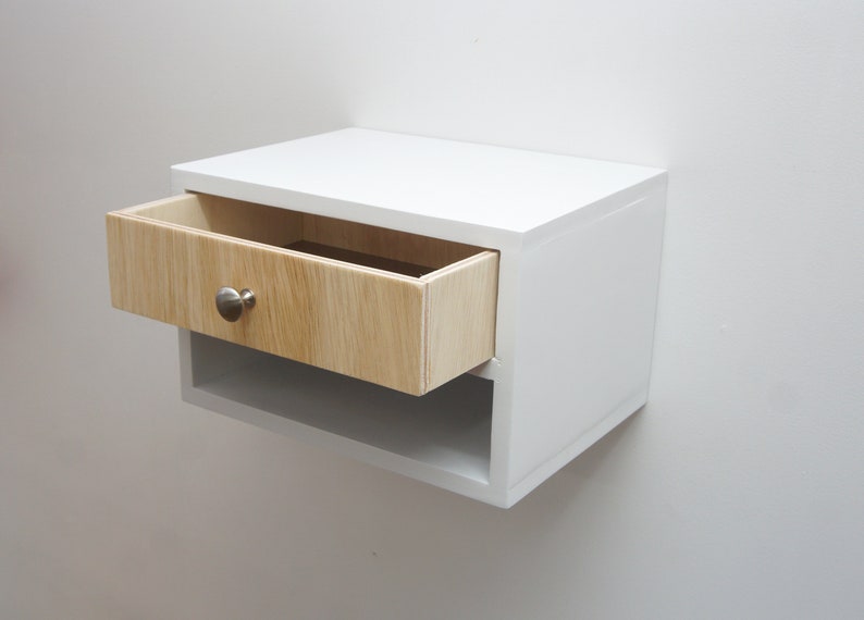 Floating nightstand with 2 drawers, Hanging wall mounted nightstand with 2 shelves White image 9