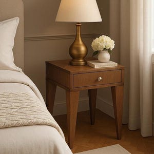 Angle leg nightstand with drawer and round metal knob made from reclaimed wood- Walnut