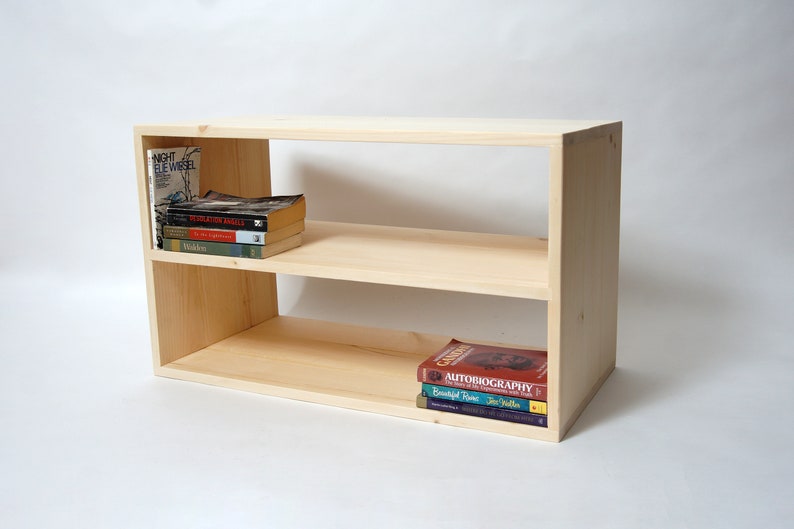 Long Wood Bookcase Low Minimal Bookshelf 2 Shelf Storage Etsy