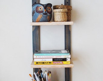 Hanging Bookshelf, Wall Mounted Shelving, Floating Bookshelf,  Reclaimed Plywood Thin Bookshelves, Wall Shelf, Storage- Gray