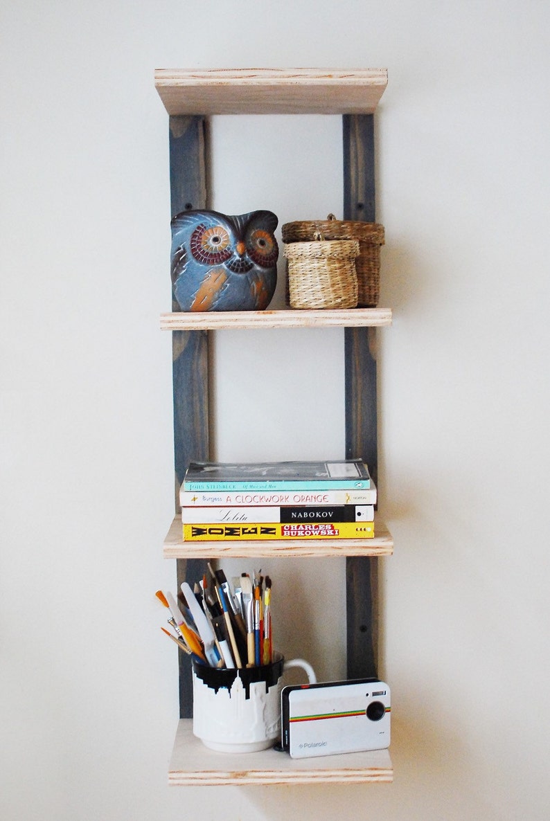 Hanging Bookshelf, Wall Mounted Shelving, Floating Bookshelf, Reclaimed Plywood Thin Bookshelves, Wall Shelf, Storage Gray image 1