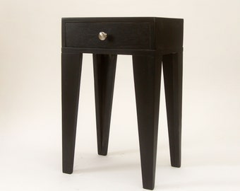 Angle leg nightstand with drawer and round metal knob made from reclaimed wood, Tapered Leg Side table - Black