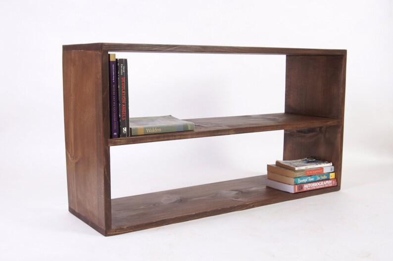 Long Wood Bookcase Low Minimal Bookshelf 2 Shelf Storage Etsy