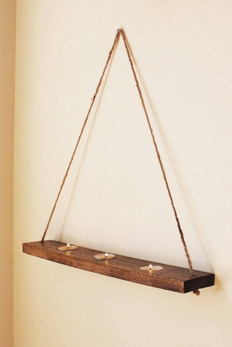 Hanging Shelf Votive Candleholder with Rope Walnut