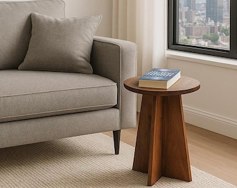 Solid Pine Round Drink Table | Handmade Modern Pedestal Accent Table