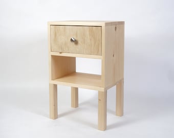 Square Nightstand, Reclaimed Wood Table with Drawers, Simple End Table - Raw