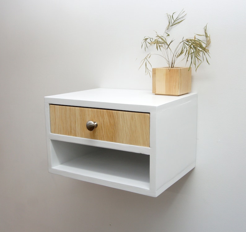 Floating nightstand with 2 drawers, Hanging wall mounted nightstand with 2 shelves White image 1