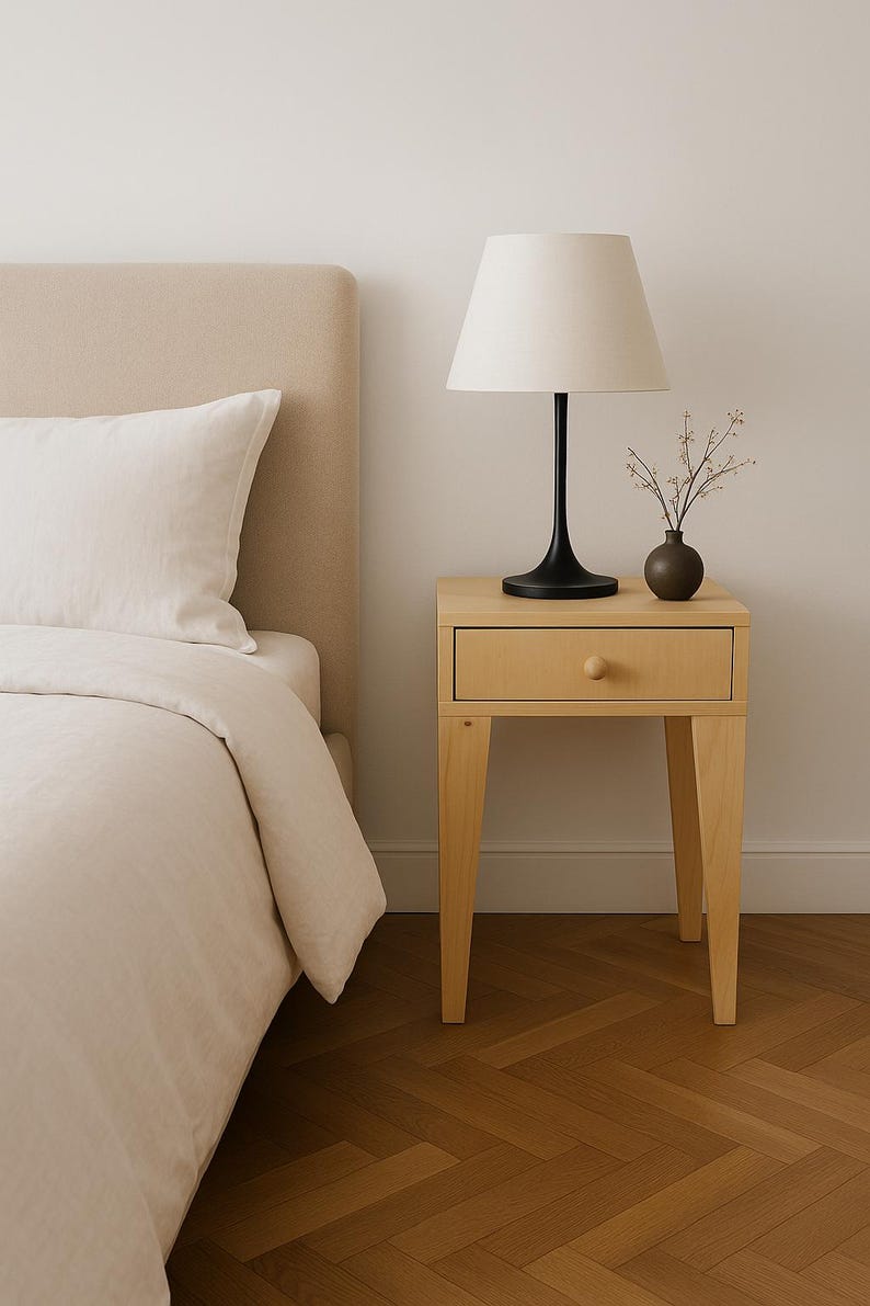 May include: A light wood bedside table with a single drawer and a round knob. A black lamp with a white lampshade sits on top, along with a small brown vase holding sprigs. A bed with a beige headboard and white bedding is partially visible.