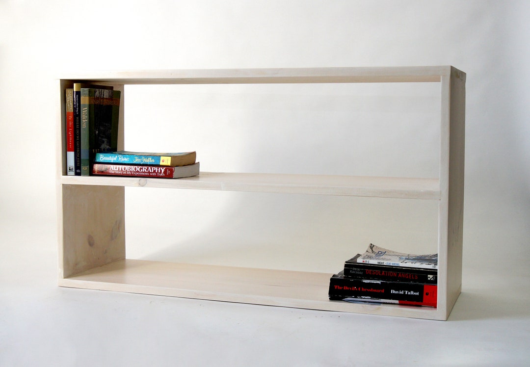 Long Wood Bookcase Low Minimal Bookshelf 2 Shelf Storage Etsy