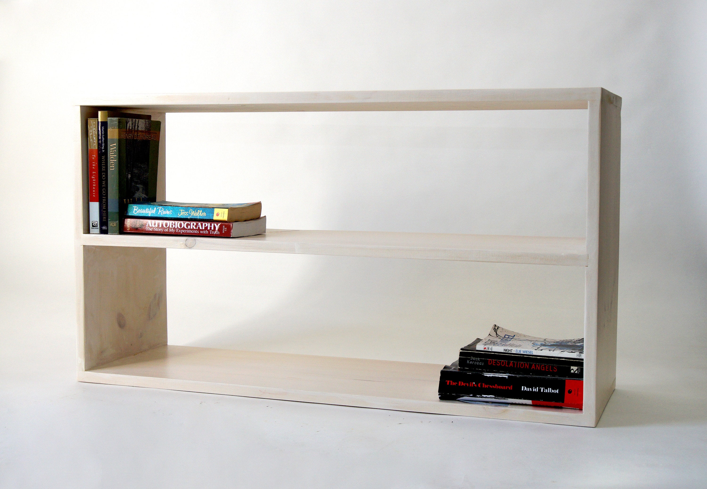 Long Wood Bookcase Low Minimal Bookshelf 2 Shelf Storage Etsy UK