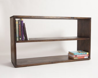 Low Simple Long Rectangle Bookcase with Shelf, Solid wood bookshelf - Dark Walnut