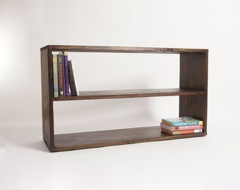 Low Simple Long Rectangle Bookcase with Shelf, Solid wood bookshelf - Dark Walnut