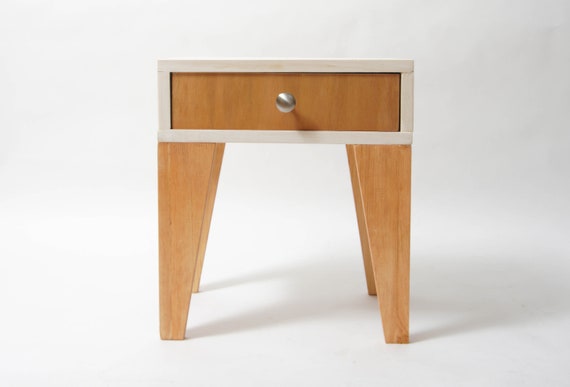 Antique White Top Short wood nightstand with drawer Maple Legs