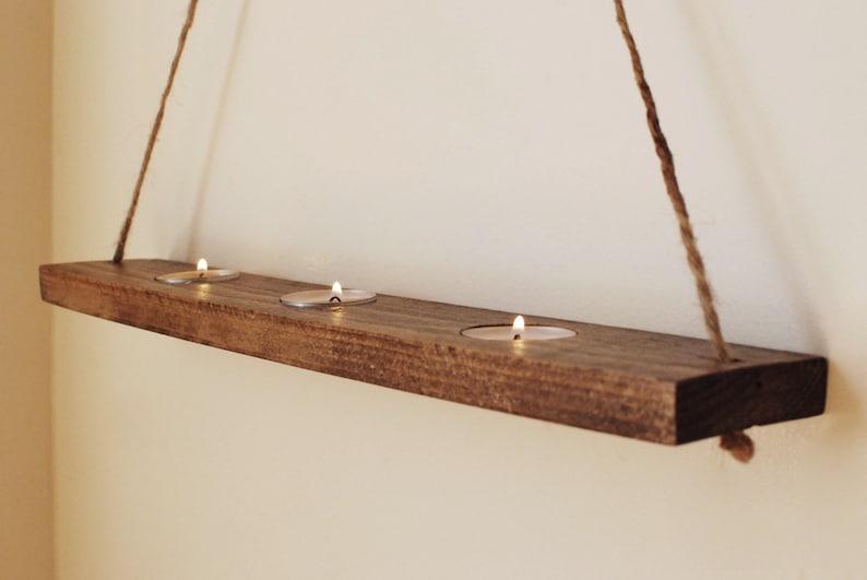 Hanging Shelf Votive Candleholder with Rope Walnut