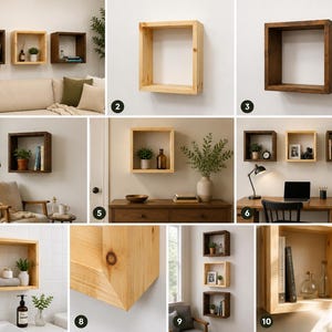 May include: A collection of square wooden wall shelves shown in various finishes including natural light wood and dark stained wood. The shelves are displayed individually and in groups, featuring a simple box frame design for wall mounting.