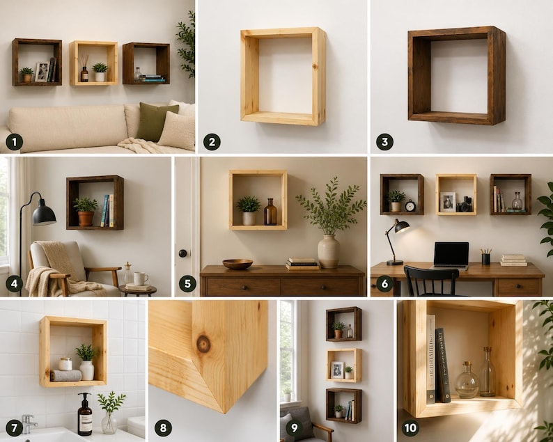May include: A collection of square wooden wall shelves shown in various finishes including natural light wood and dark stained wood. The shelves are displayed individually and in groups, featuring a simple box frame design for wall mounting.