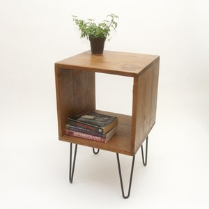 Simple Nightstand, Side table with Hairpin metal legs, Reclaimed Pine Wood Black Brown