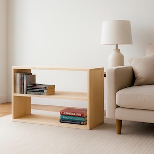 Wood Bookcase , Long Bookshelf , Low Simple Modern Minimalist 2-Shelf Bookcase, Solid Wood Bookshelf - Raw