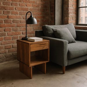 Reclaimed Pine Wood Nightstand, Minimal Design End table, Simple Side table with Drawer Storage and Extra Shelf- Brown