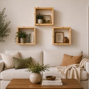 May include: Three square light-toned wooden wall shelves mounted above a cream-colored sofa. The shelves contain small potted green plants, framed artwork, and books. A wooden coffee table sits in front of the sofa with a ceramic vase and books.