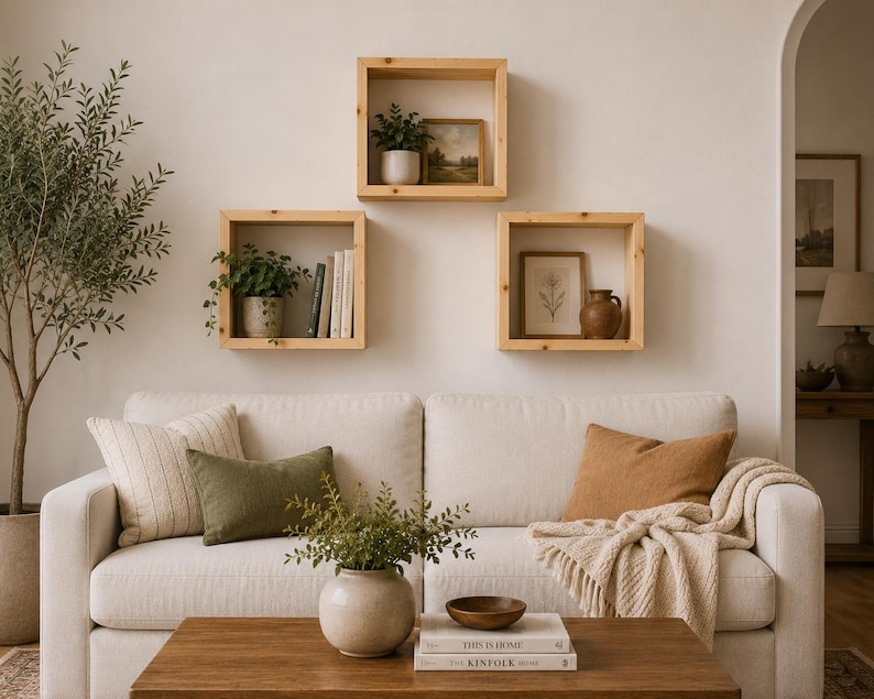 May include: Three square light-toned wooden wall shelves mounted above a cream-colored sofa. The shelves contain small potted green plants, framed artwork, and books. A wooden coffee table sits in front of the sofa with a ceramic vase and books.
