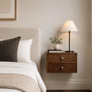 Walnut Floating Nightstand with 2 Drawers | Modern Wall Mounted Bedside Table