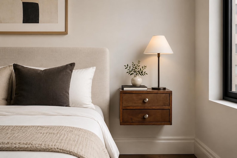 Walnut Floating Nightstand with 2 Drawers | Modern Wall Mounted Bedside Table image 1