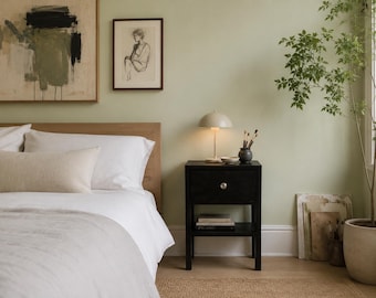 Solid Wood Nightstand | Black Pine Bedside Table with Drawer, Modern Bedroom Furniture