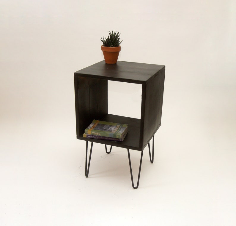 Simple Nightstand, Side table with Hairpin metal legs, Reclaimed Pine Wood Black image 1